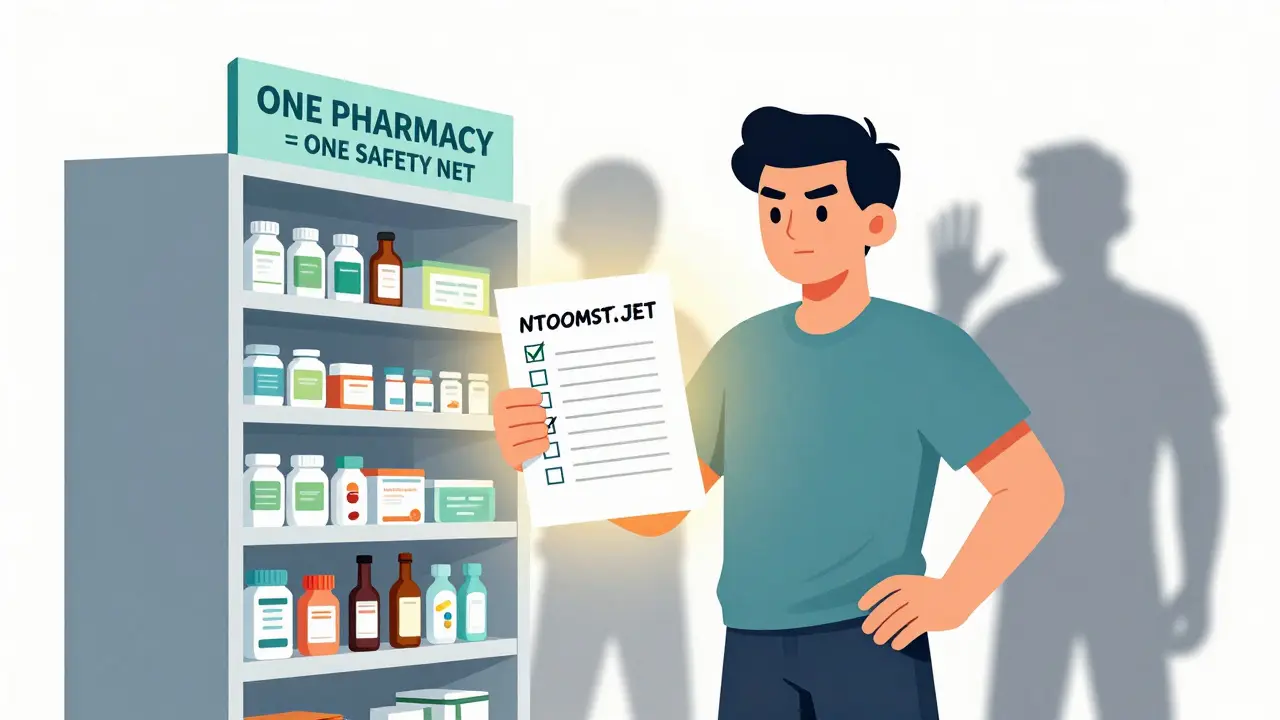 A person holding a medication list beside a single pharmacy shelf, with dangerous medication shadows fading away behind them.