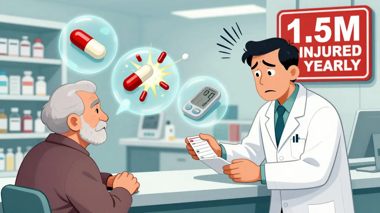 A pharmacist handing a prescription to an elderly person, with floating warning icons of dangerous drug interactions in the background.