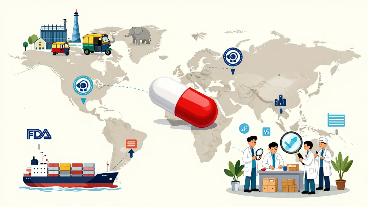 A pill's global journey from India to the U.S., shown with stylized landmarks and cost icons in cartoon illustration.