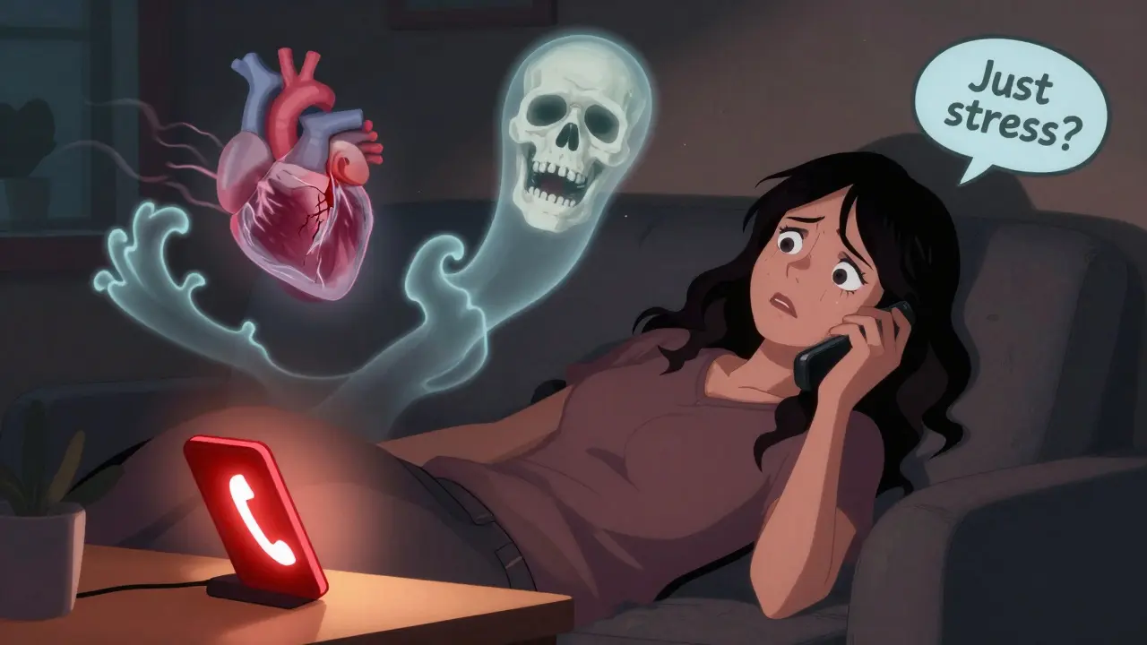 A woman overwhelmed by unseen heart attack signs—nervous, with floating symbols of heart pain and nausea, while a glowing 999 phone sits untouched.