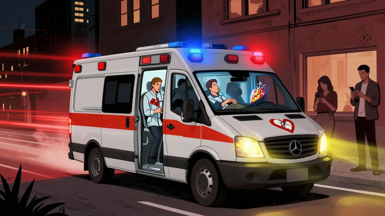An ambulance racing at night with paramedics treating a patient whose cracked heart glows inside their chest, surrounded by oblivious bystanders.