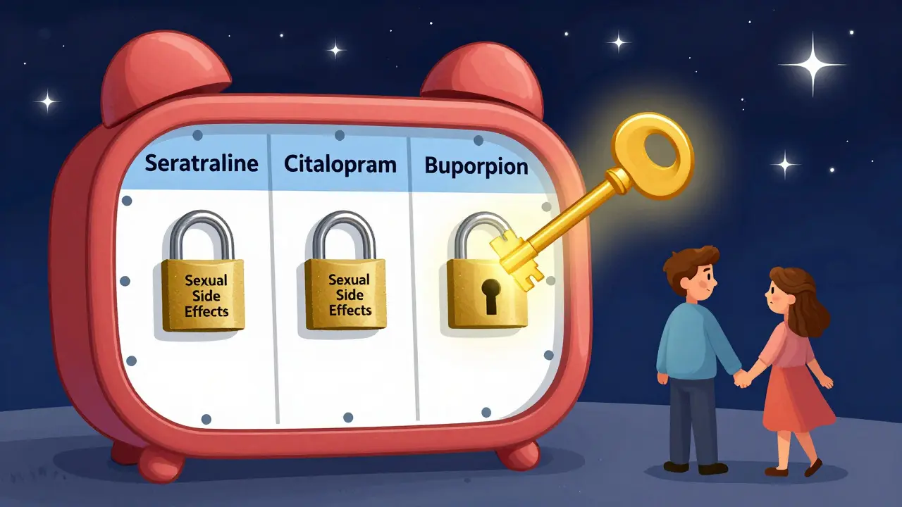 Clock-shaped medication calendar with Bupropion glowing as the only unlocked option, symbolizing effective adjunct therapy.