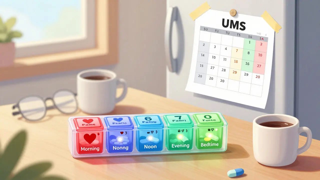 Color-coded pill organizer with time slots and UMS schedule on fridge