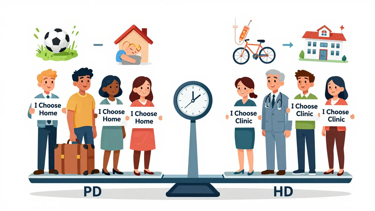 Diverse patients choosing between home and clinic dialysis, with icons representing lifestyle trade-offs in cartoon illustration style.