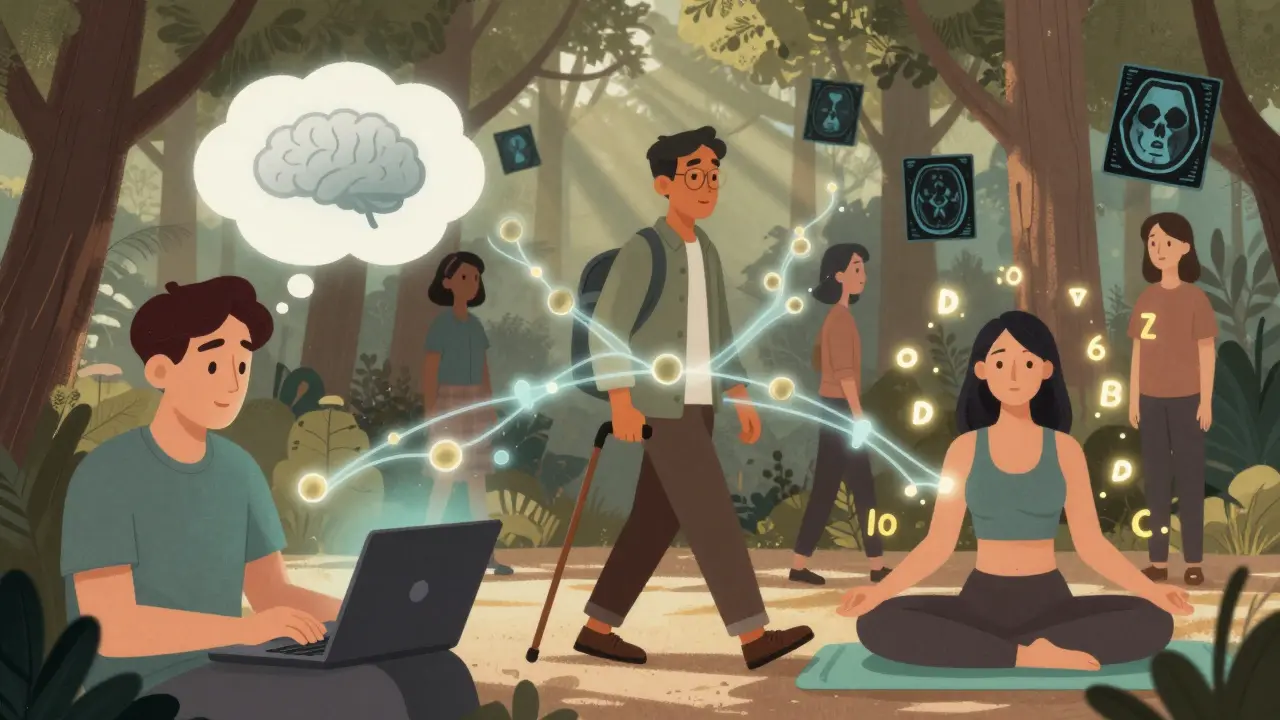 Diverse people experiencing MS symptoms in daily life, connected by flickering neural pathways.