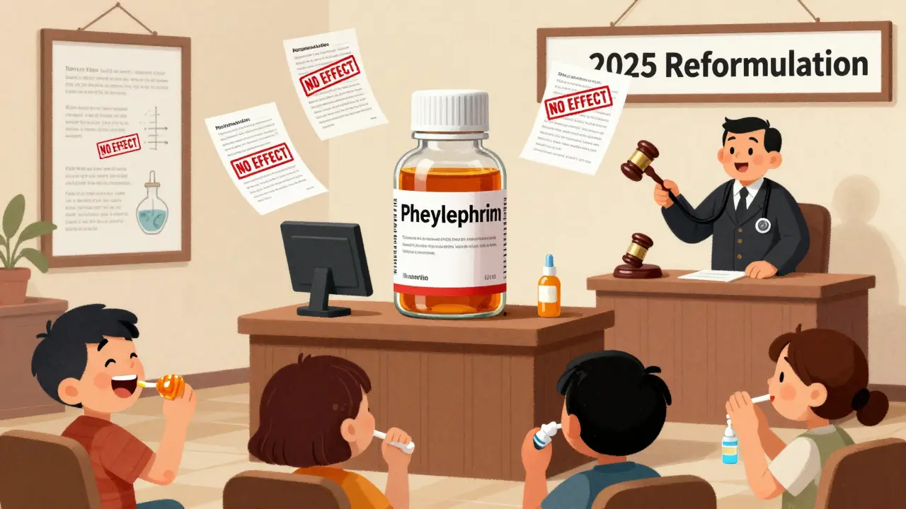 Giant phenylephrine bottle on trial with scientific studies rejecting it, children enjoying honey and saline drops.