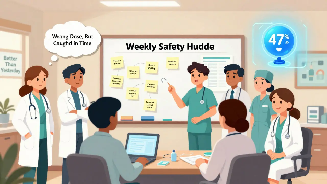 Healthcare team in a huddle room reviewing near-misses with AI data and safety messages on whiteboard.