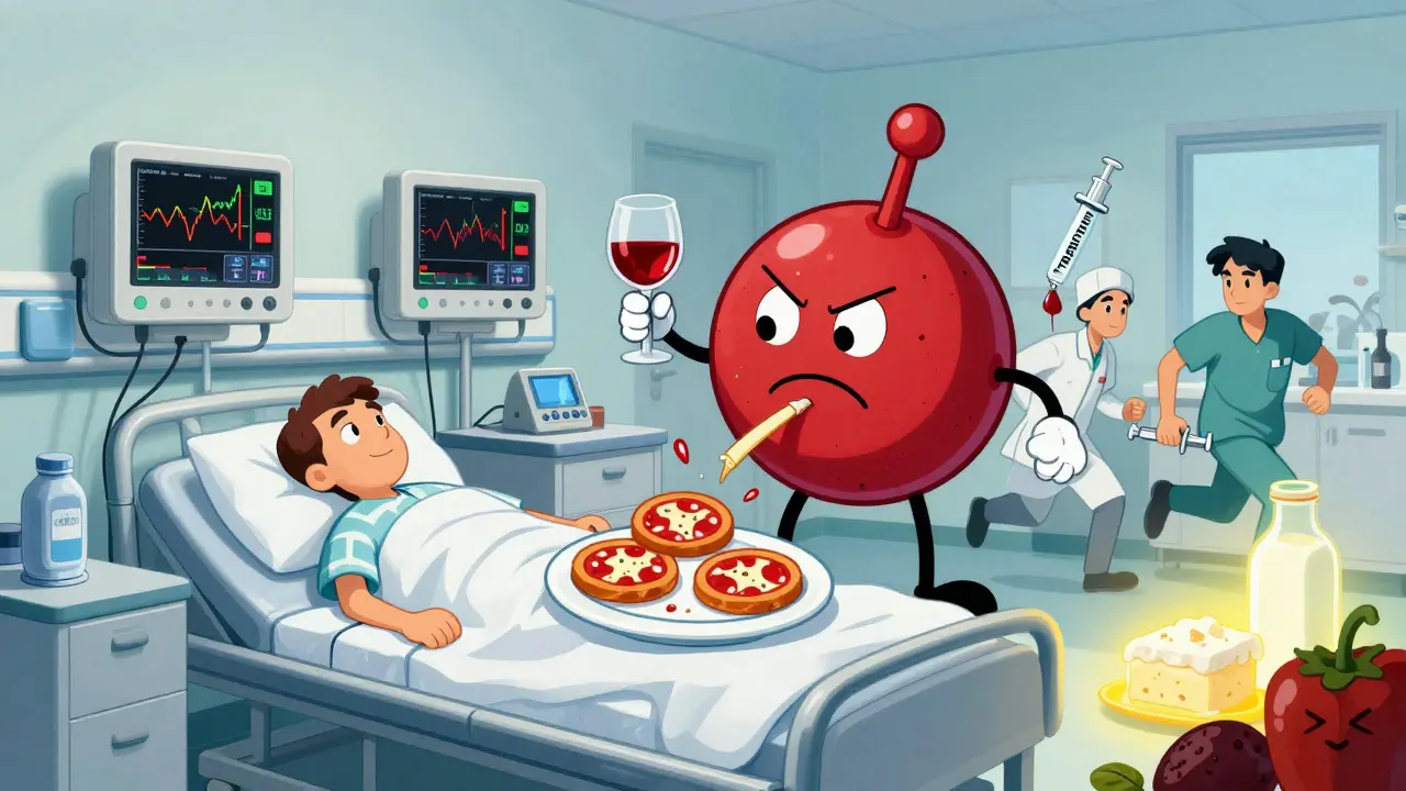 ICU patient with spiked BP monitors as tyramine molecules burst from dangerous foods.