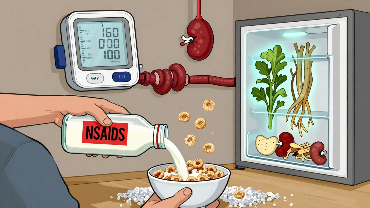 Kitchen scene with NSAID milk and salty kidneys affecting blood pressure.
