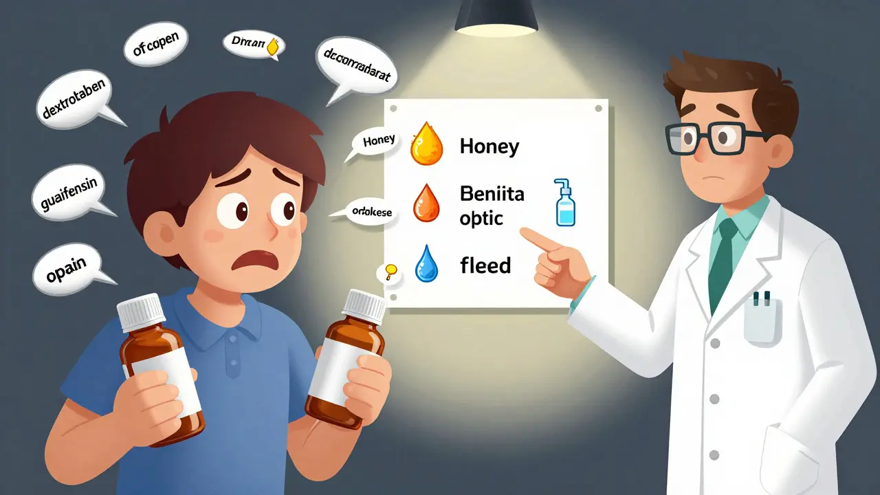 Parent holding two cold medicine bottles with exploding ingredients, pharmacist guiding toward natural remedies.