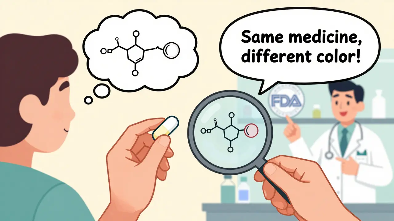 Patient compares generic and brand-name pills with identical chemical structures visible in thought bubble.