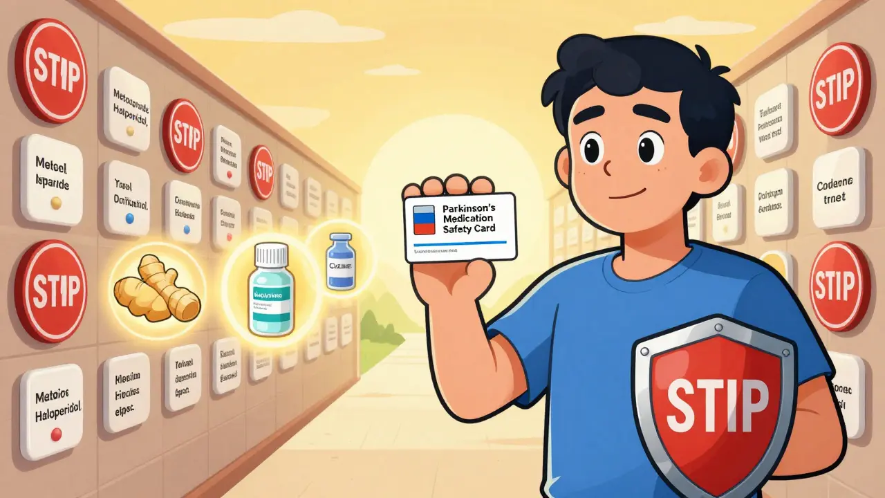 Patient holding a safety card that blocks dangerous pills, standing beside safe nausea treatments like ginger and cyclizine.