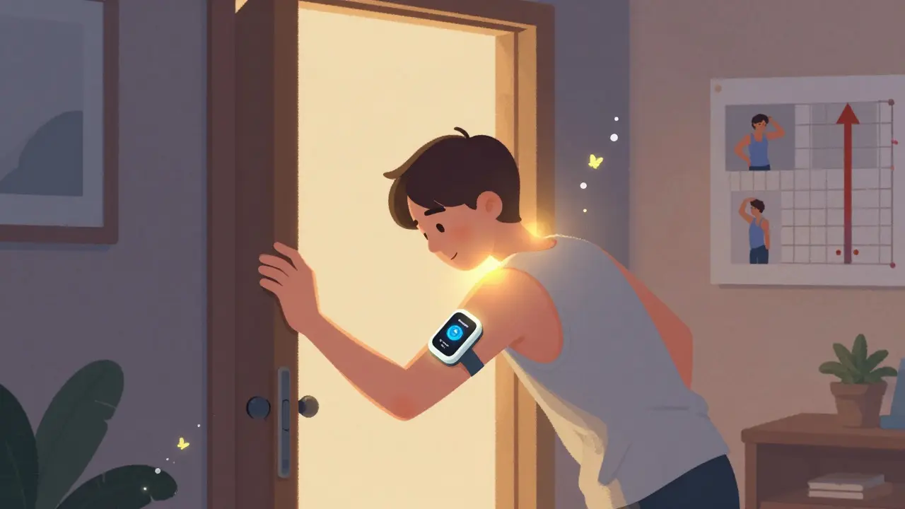 Person stretching at doorway with wearable device, golden light on shoulder, progress photos on wall.