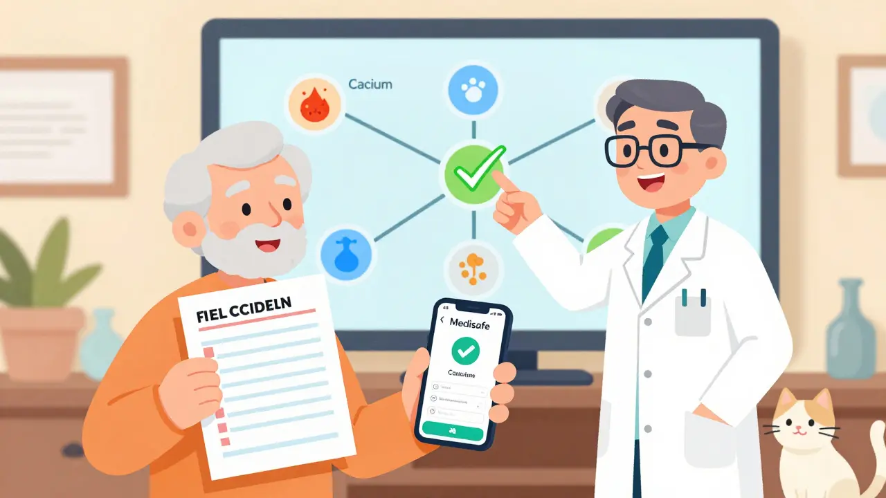 Senior holding medication list and phone while pharmacist shows interaction map