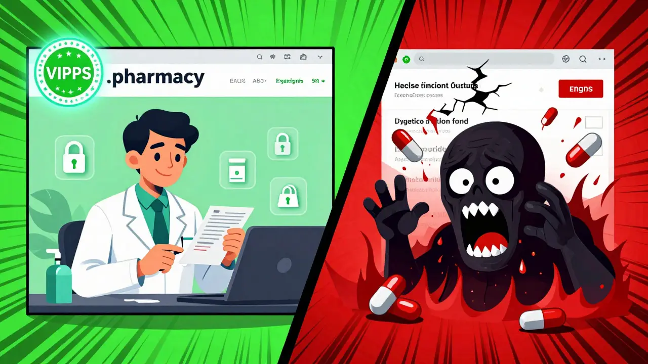 Side-by-side comparison of a safe verified pharmacy vs. a dangerous fake site with security icons and warning symbols.