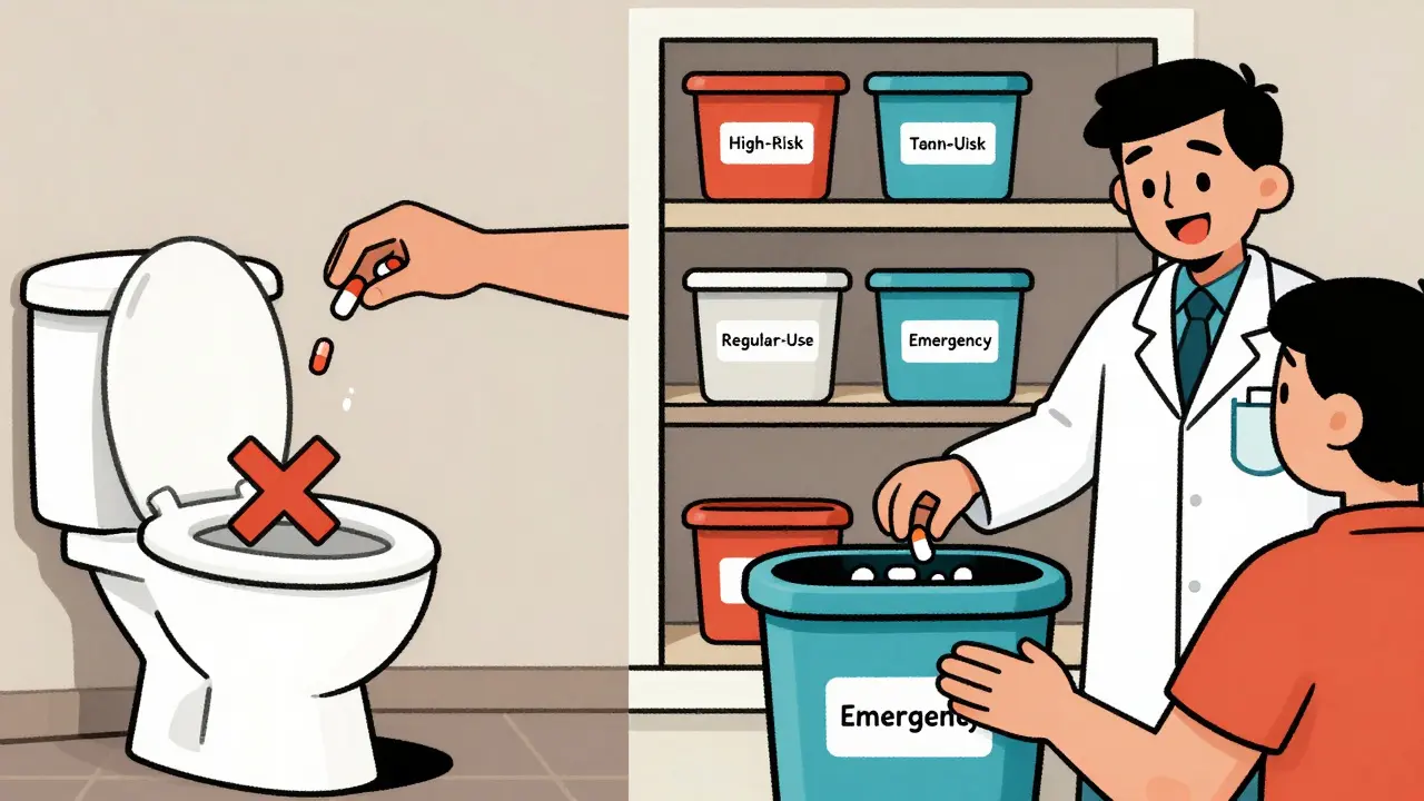 Someone safely disposing of expired pills at a pharmacy take-back bin instead of flushing them