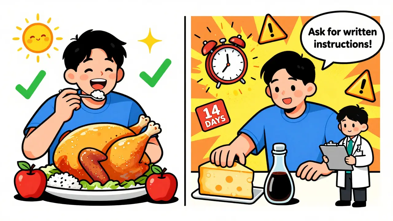 Split cartoon: safe foods on left, dangerous foods with alarms on right, doctor gives advice.