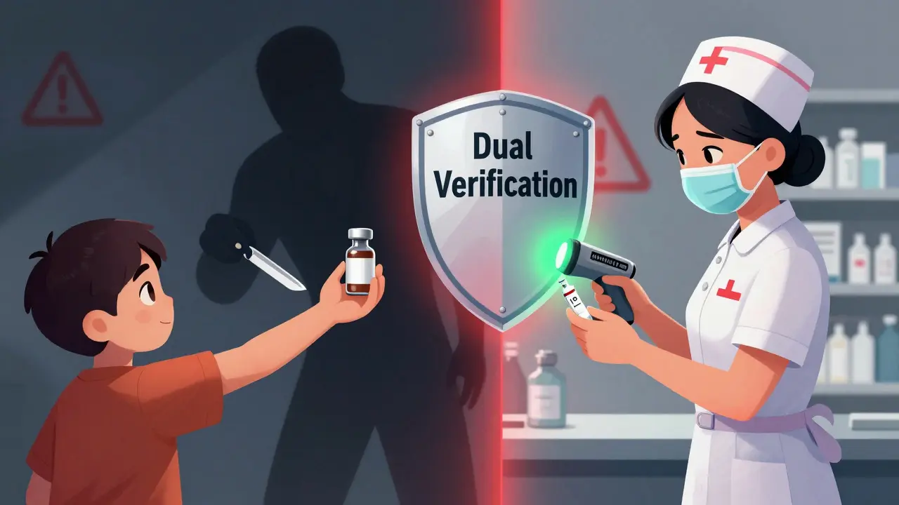 Split scene: dangerous unlabeled drug vs. safe dual-check with barcode scan and protective shield.
