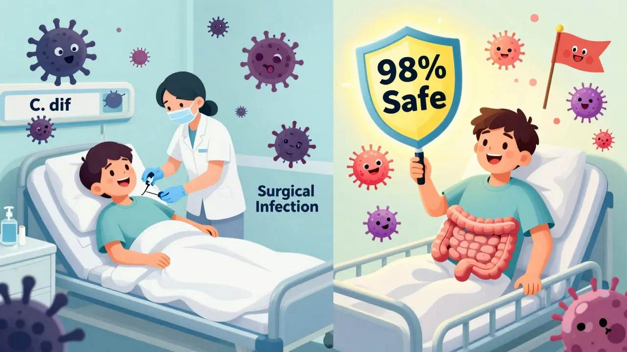 Split scene: one side shows dangerous infections from wrong antibiotics, the other shows healthy recovery with amoxicillin.