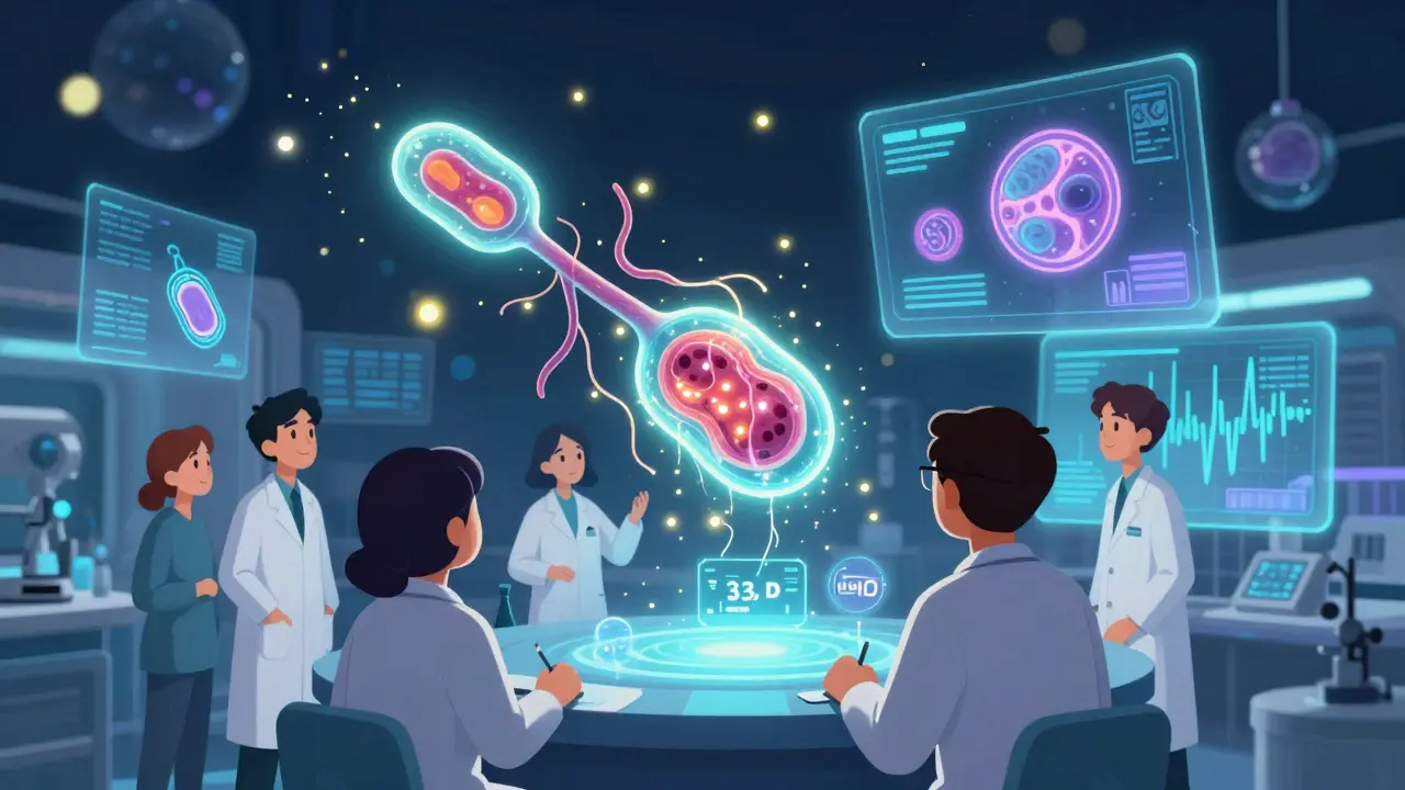 Stem cells repairing damaged nerves with glowing threads in a futuristic lab setting.