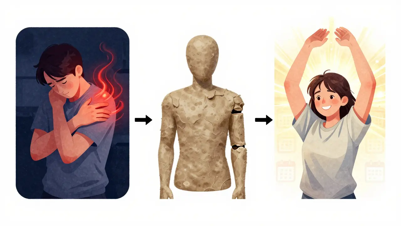 Three-stage timeline of frozen shoulder: pain, stiffness, recovery, illustrated in soft colors.