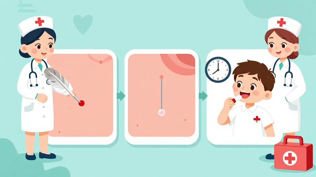 Three-step antibiotic allergy test illustrated in a playful clinic with monitoring nurses