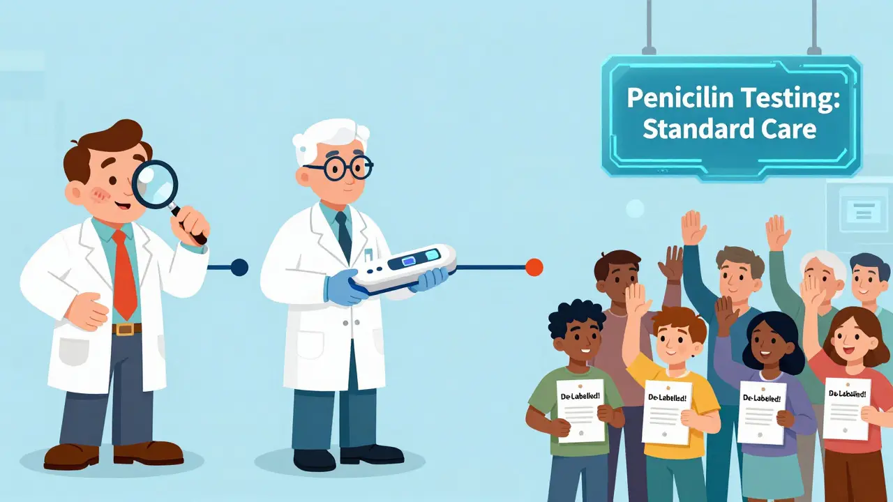 Timeline of penicillin allergy testing evolution from 1960s to modern day with futuristic medical signage.