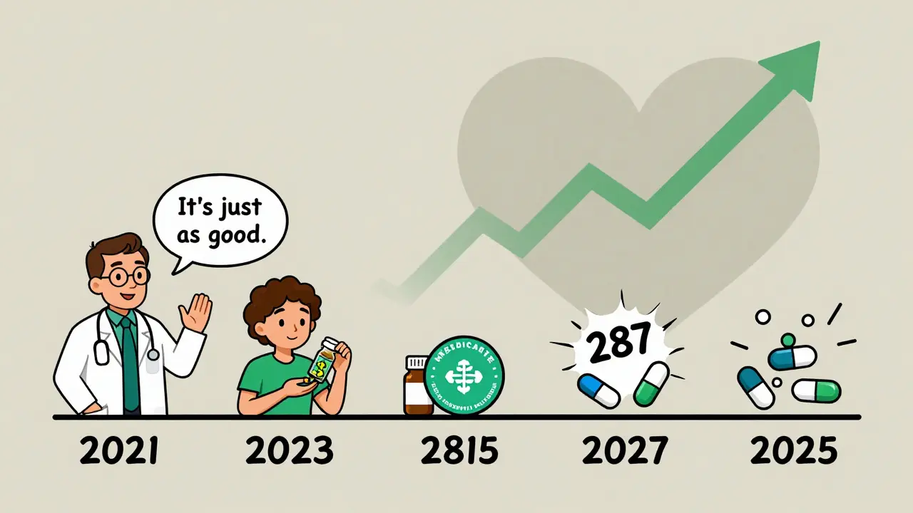 Timeline showing rising generic drug acceptance from 2021 to 2025 with savings and Medicare symbols.