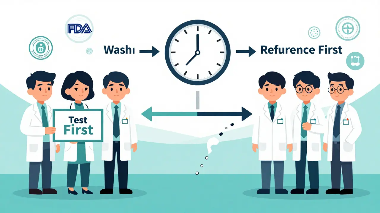 Two groups of volunteers in a 2x2 crossover study with washout clock and drug flow arrows