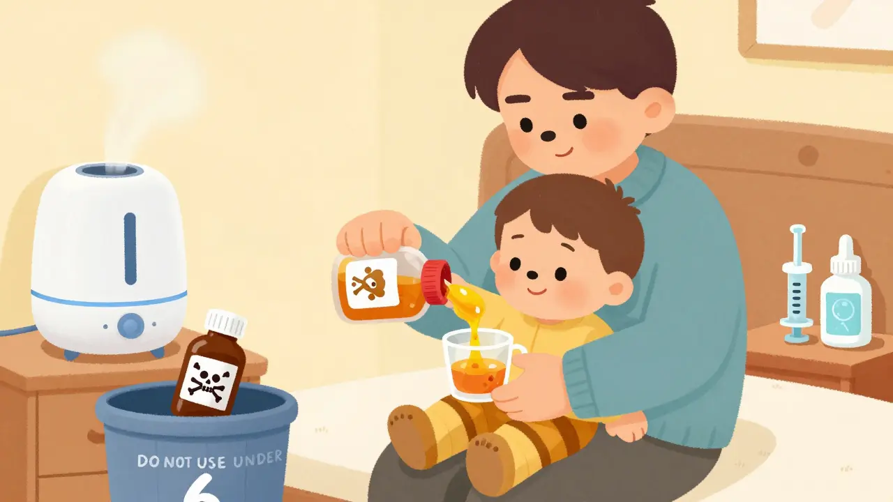 A friendly honey bear offers honey to a toddler as dangerous medicine bottles are thrown away.