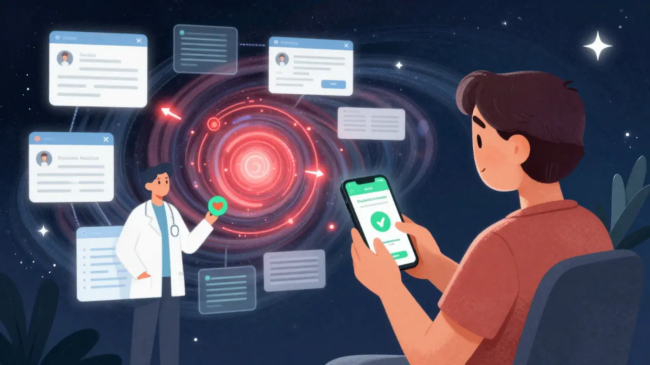 A patient reports a side effect via app while AI scans digital data streams, with glowing alerts and a doctor receiving a warning.