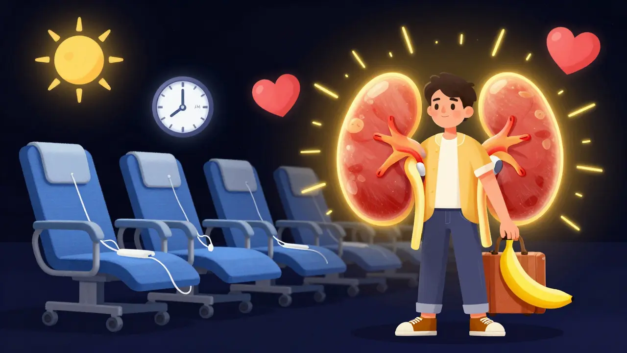 A person holding a banana and suitcase beside a glowing transplanted kidney, with symbols of freedom in the background.
