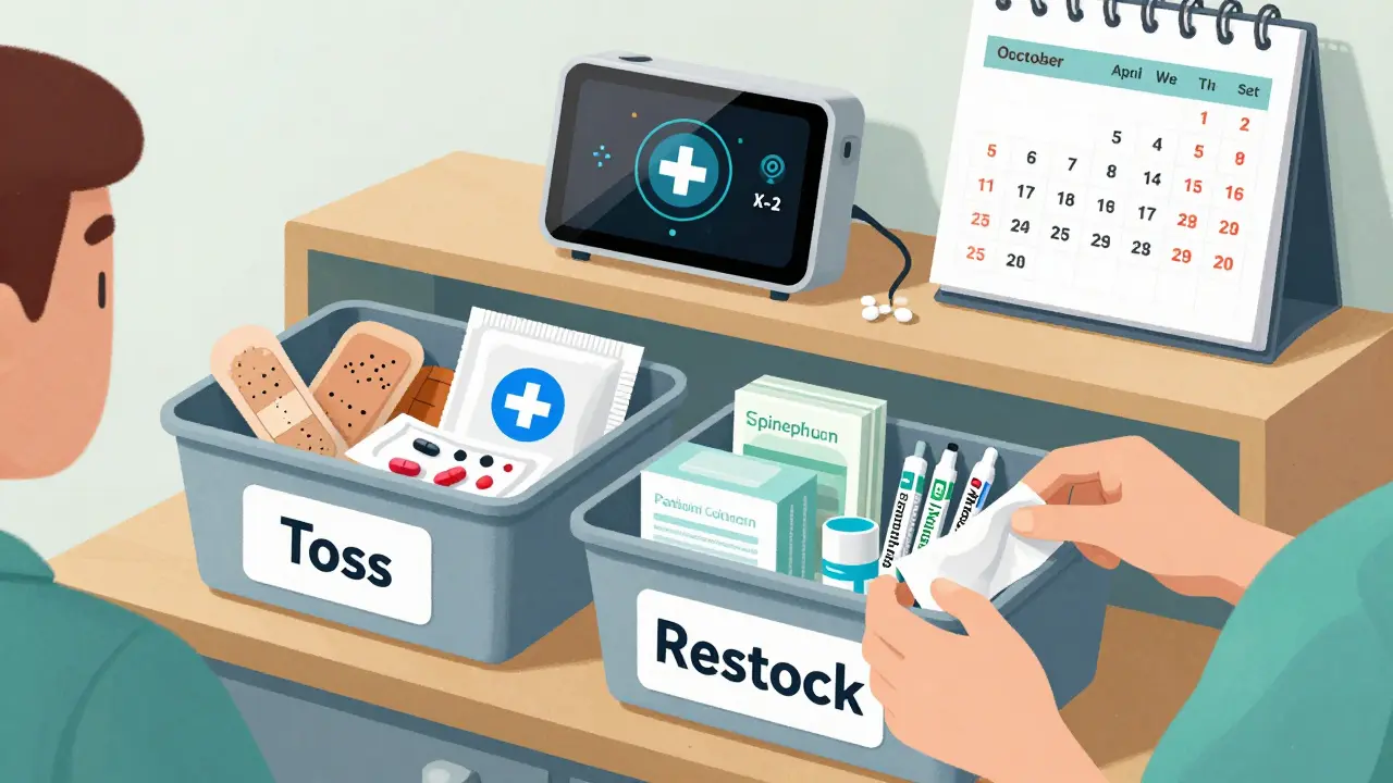 A person sorting expired first-aid items into 'Toss' and 'Restock' bins during an annual kit overhaul.