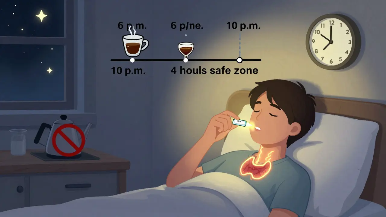 A person takes thyroid medication at night with coffee avoided, shown in a calm nighttime cartoon scene.