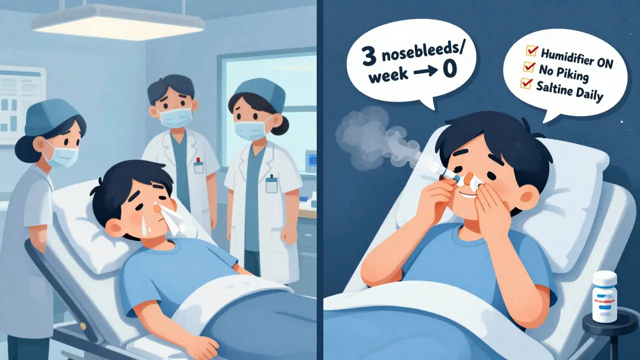 A split image showing a nosebleed emergency versus a person practicing prevention with humidifier and saline spray.