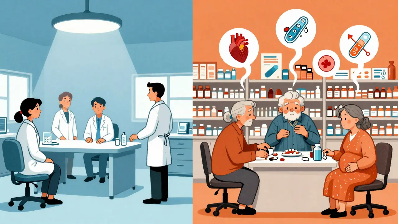 A split scene contrasts controlled clinical trials with real-world drug use, showing diverse patients and floating warning symbols.