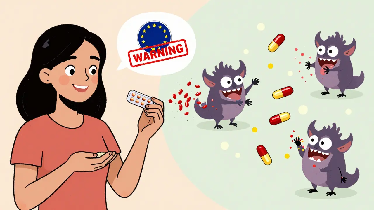 A woman taking birth control while invisible gremlins destroy her hormones, with a warning label floating above.