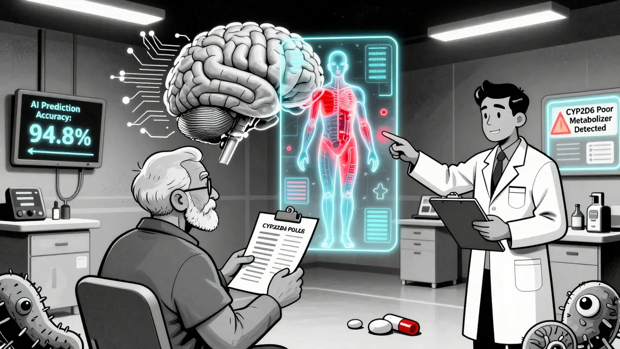 AI hologram shows drug interactions in a senior's body, pharmacist and gut bacteria nearby