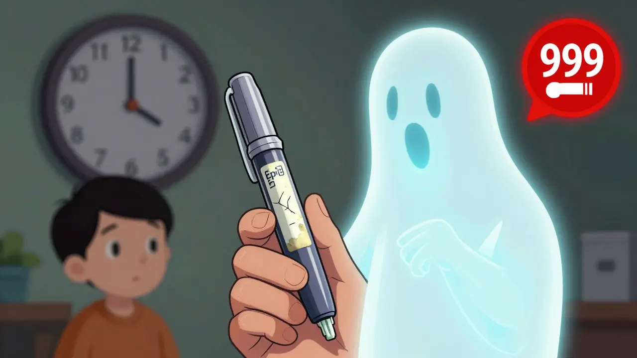 An expired EpiPen next to its glowing, potent version, with a ticking clock and emergency call icon.