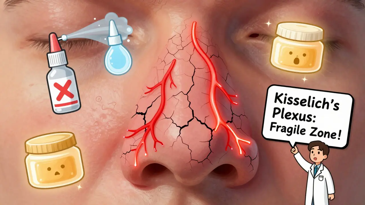 An illustrated cross-section of the nasal passage showing cracked tissues and floating icons of treatments and triggers.