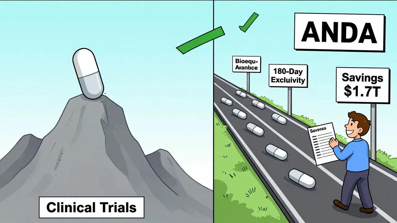 Before and after scenes of generic drug approval: one with a mountain of trials, the other with a fast highway to savings.