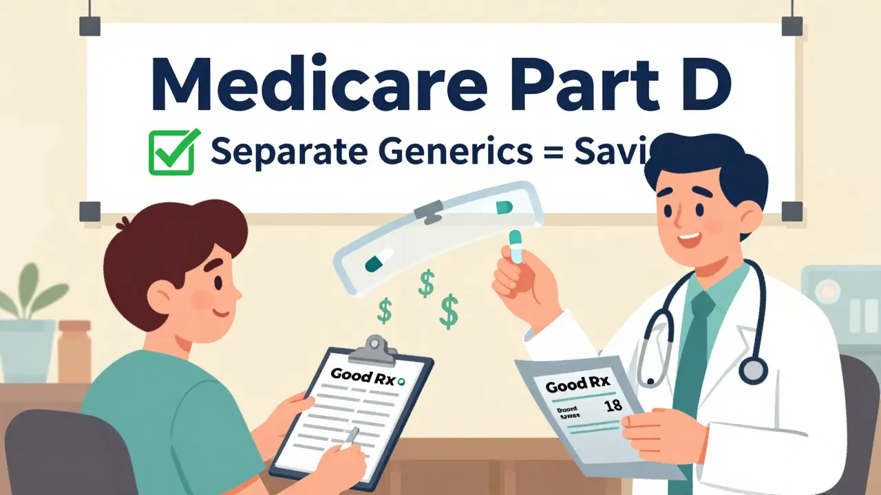 Doctor writing two prescriptions as a patient compares savings from separate generics versus a combo pill.