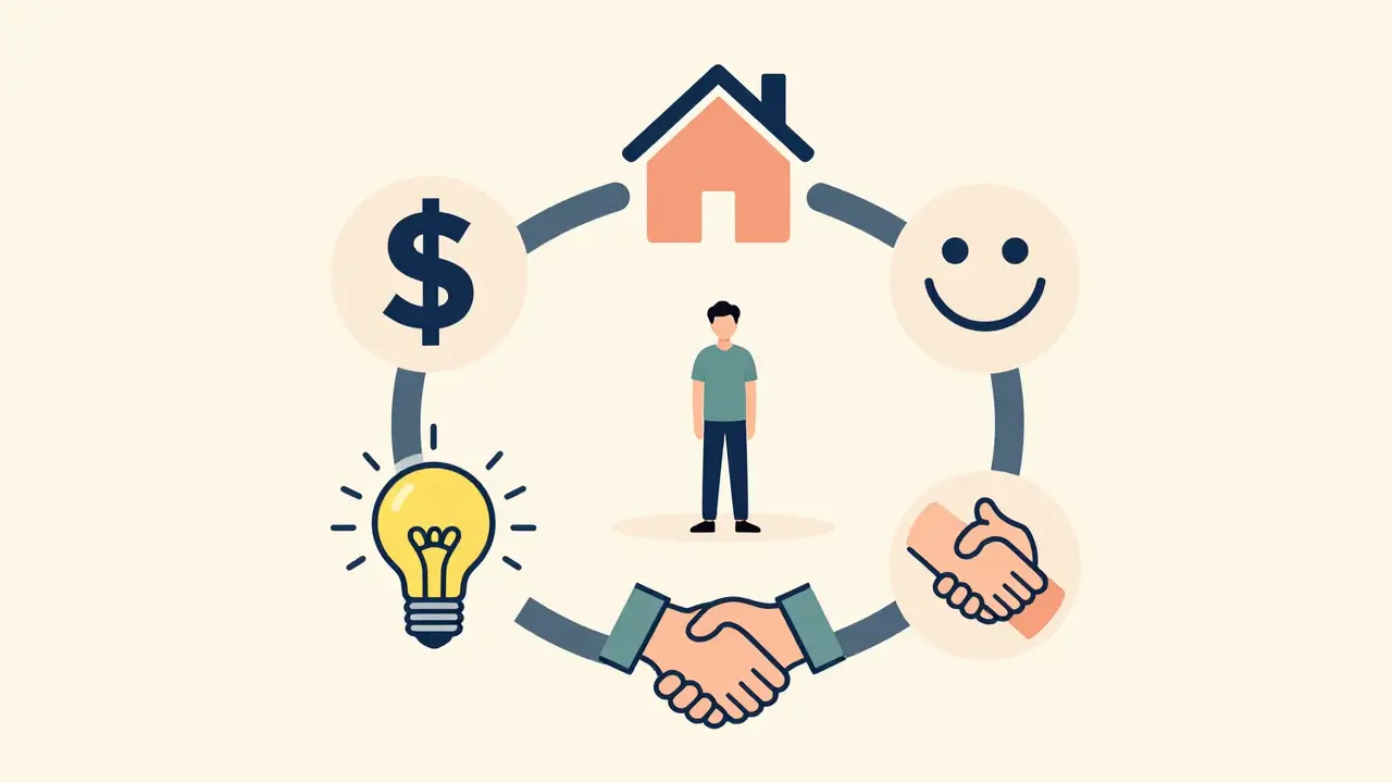Five symbols representing adherence dimensions interconnected