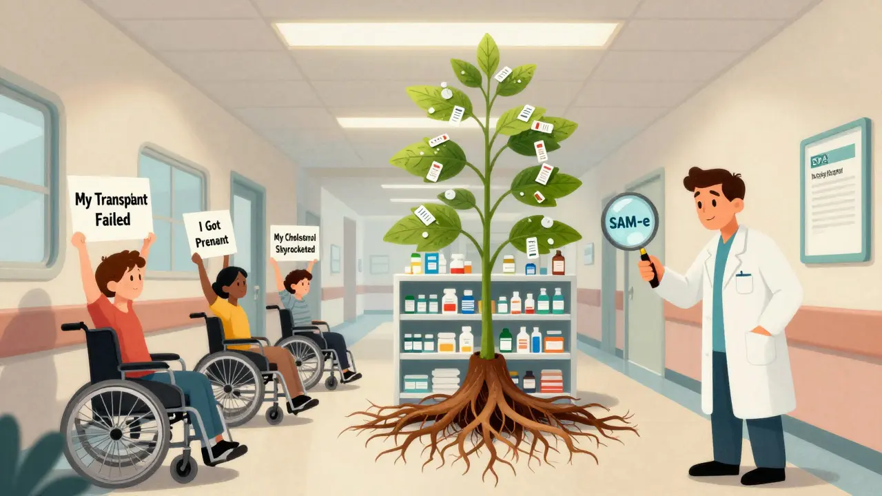 Hospital patients holding signs of drug interaction consequences, with a giant St. John’s Wort plant growing from a pharmacy shelf.