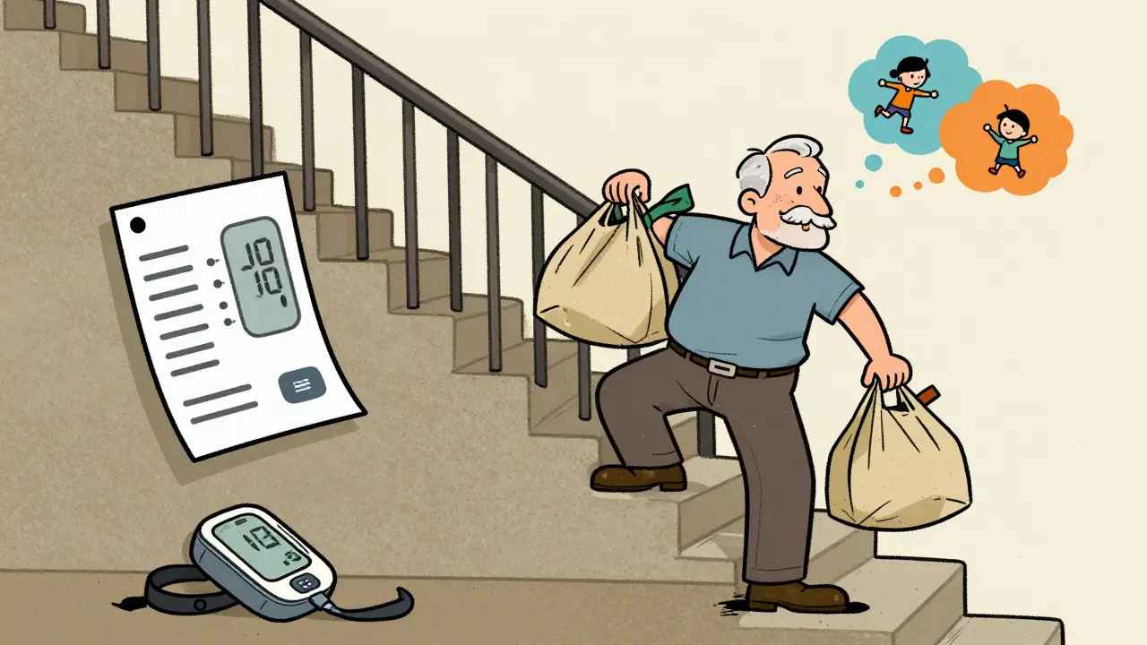 Man carrying groceries up stairs effortlessly, with medical numbers dropping and a discarded seat belt extender on the floor.