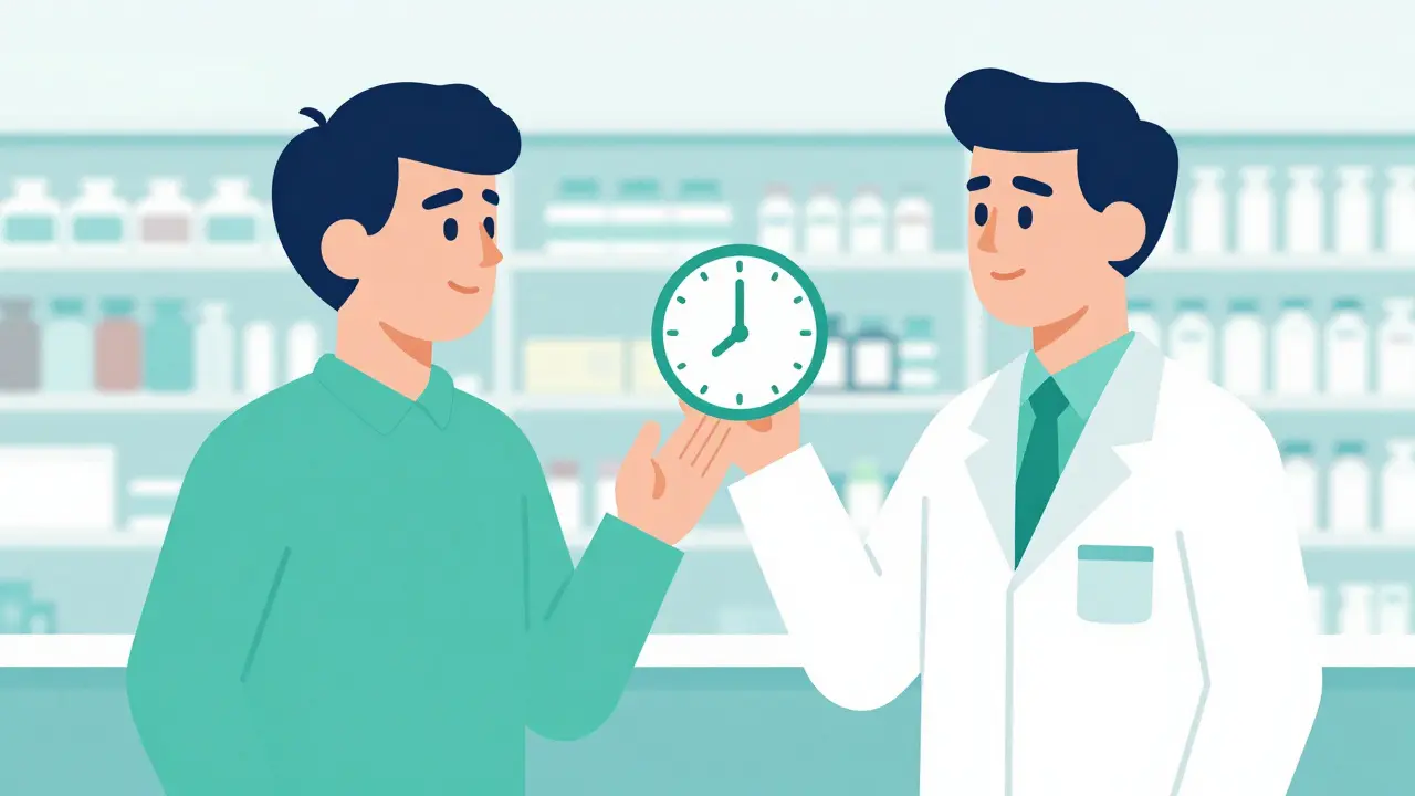 Patient confirming dosing schedule with pharmacist using clock icon