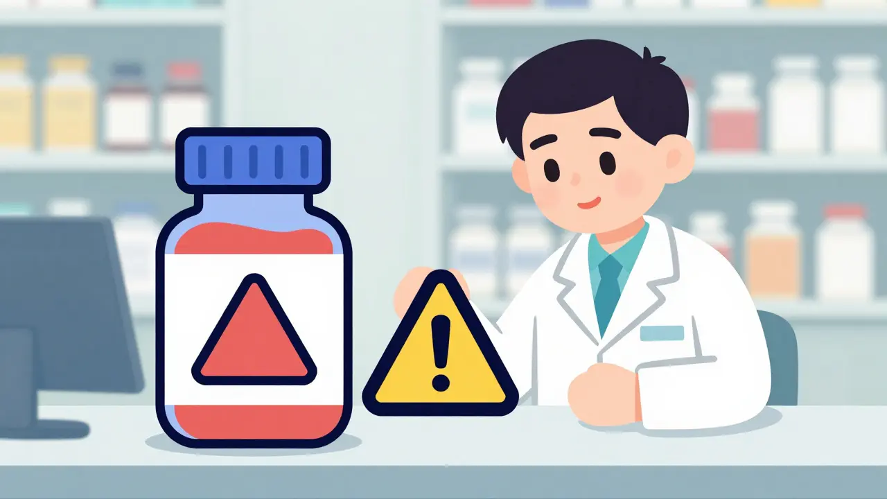 Pharmacist examining two pill bottles with warning symbol