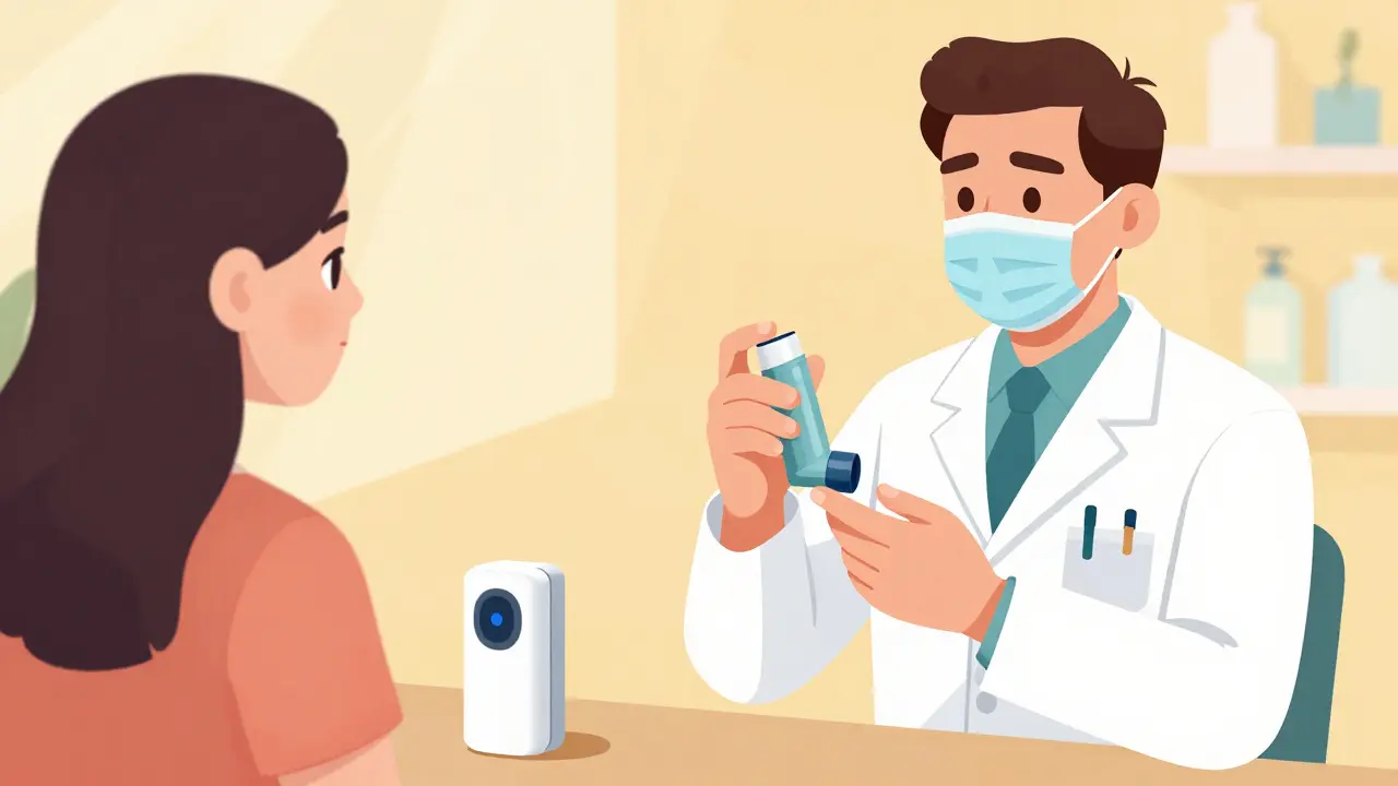 Pharmacist teaching correct inhaler use with smart sensor