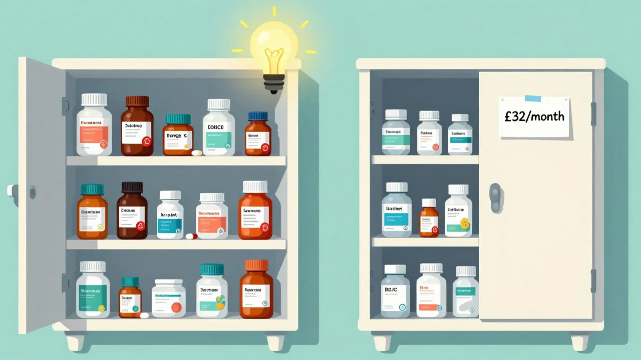 Two medicine cabinets side by side: one messy and expensive, the other clean with a low-cost label and PPC sticker.