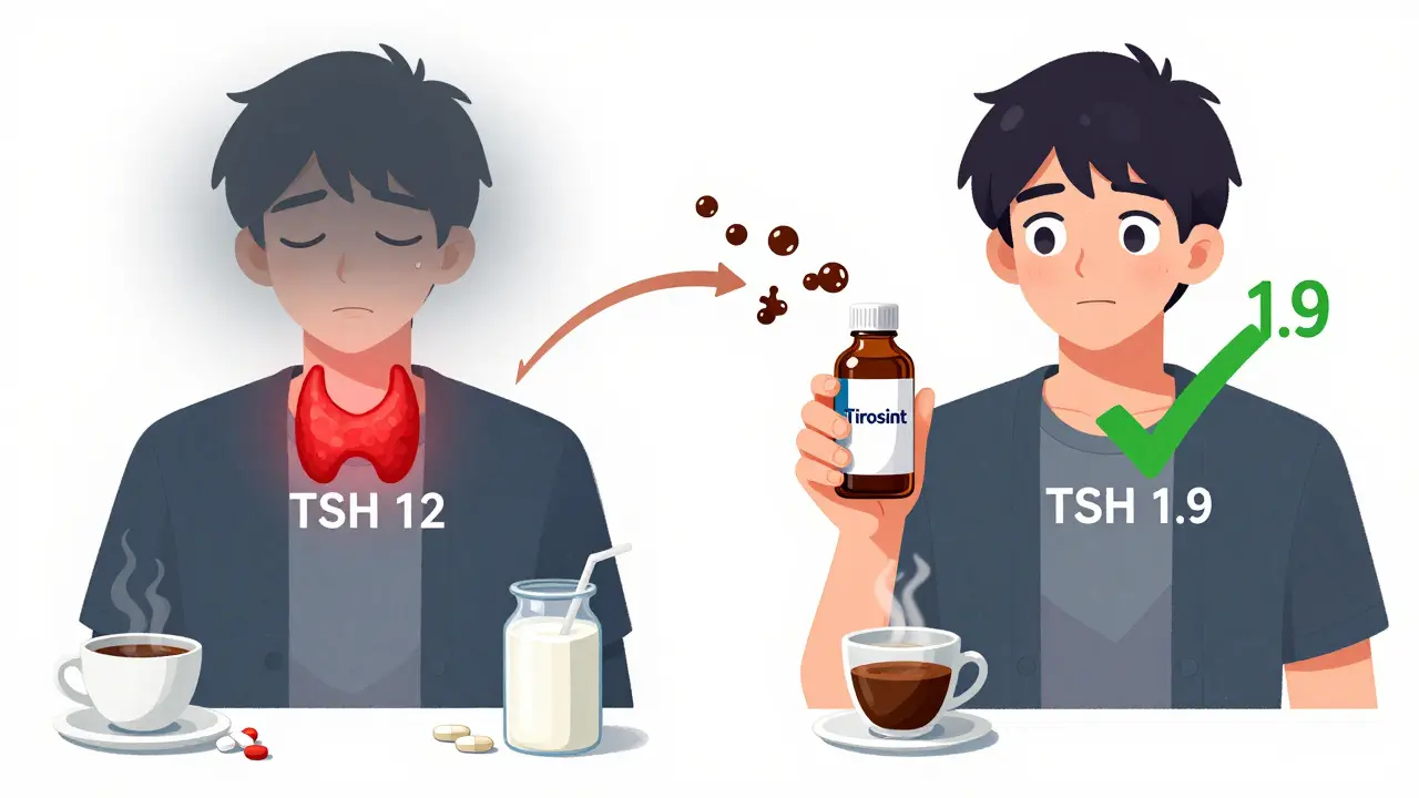 Two versions of a person: one fatigued with coffee interference, one energized with liquid thyroid medication, in cartoon style.